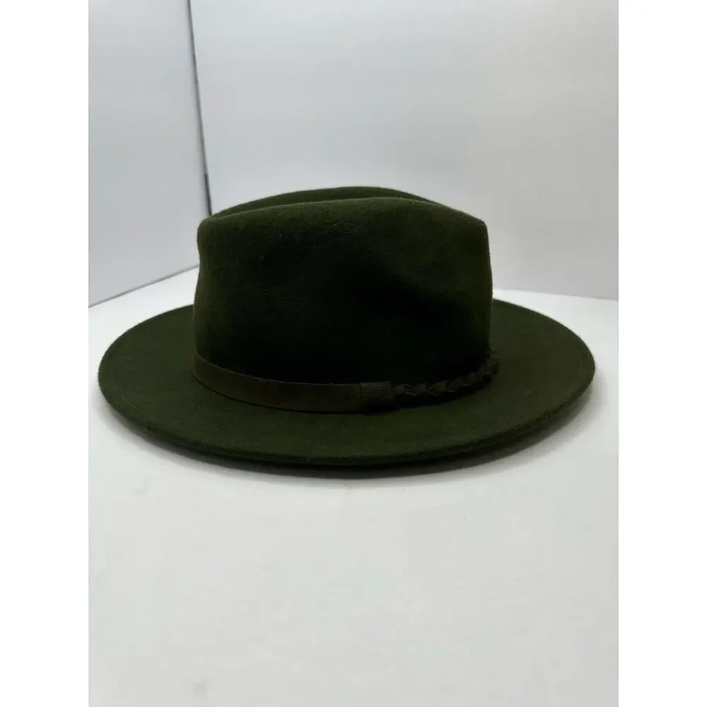 Olive Green Wool Wide Brim Fedora Hat Braided Suede Band One Size